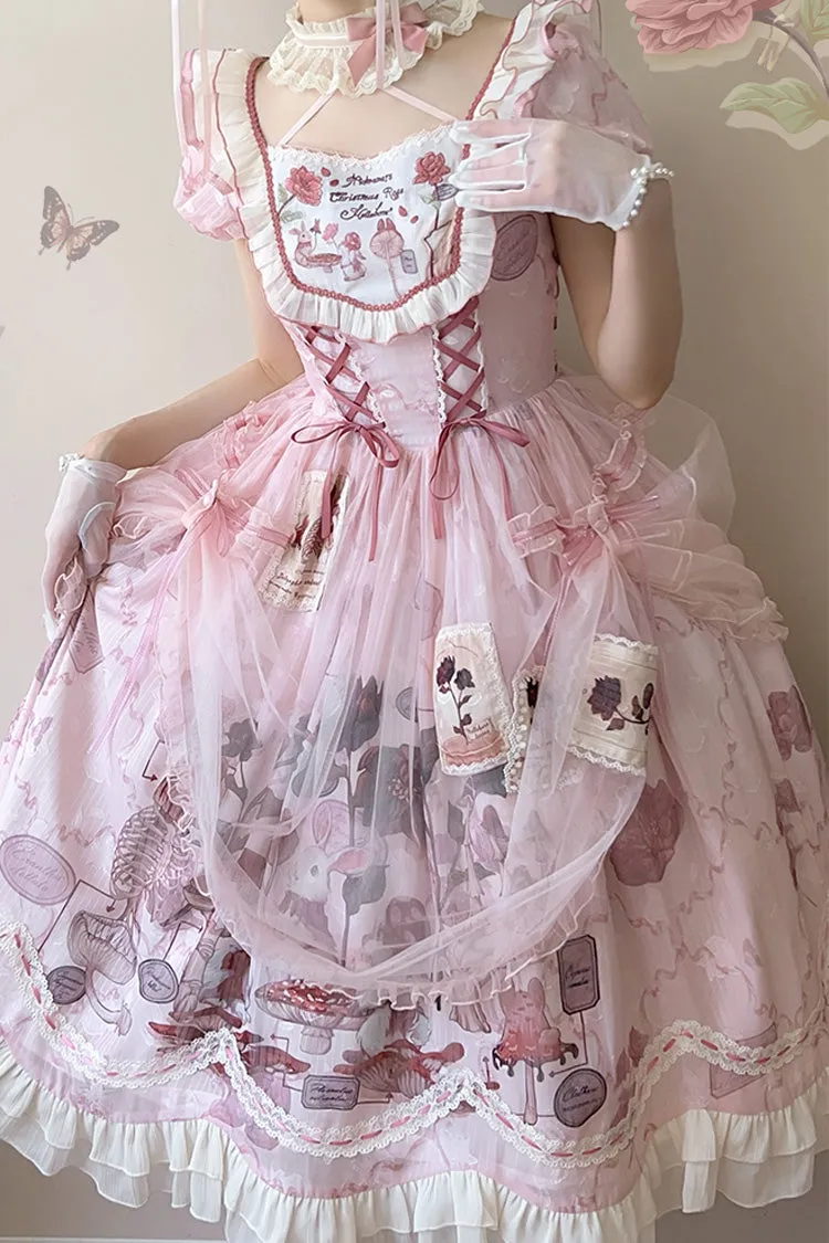 Pink Rabbit Print Square Collar Short Sleeves Ruffle Bowknot Lace Sweet Lolita Dress