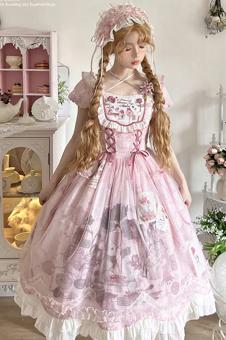 Pink Rabbit Print Square Collar Short Sleeves Ruffle Bowknot Lace Sweet Lolita Dress