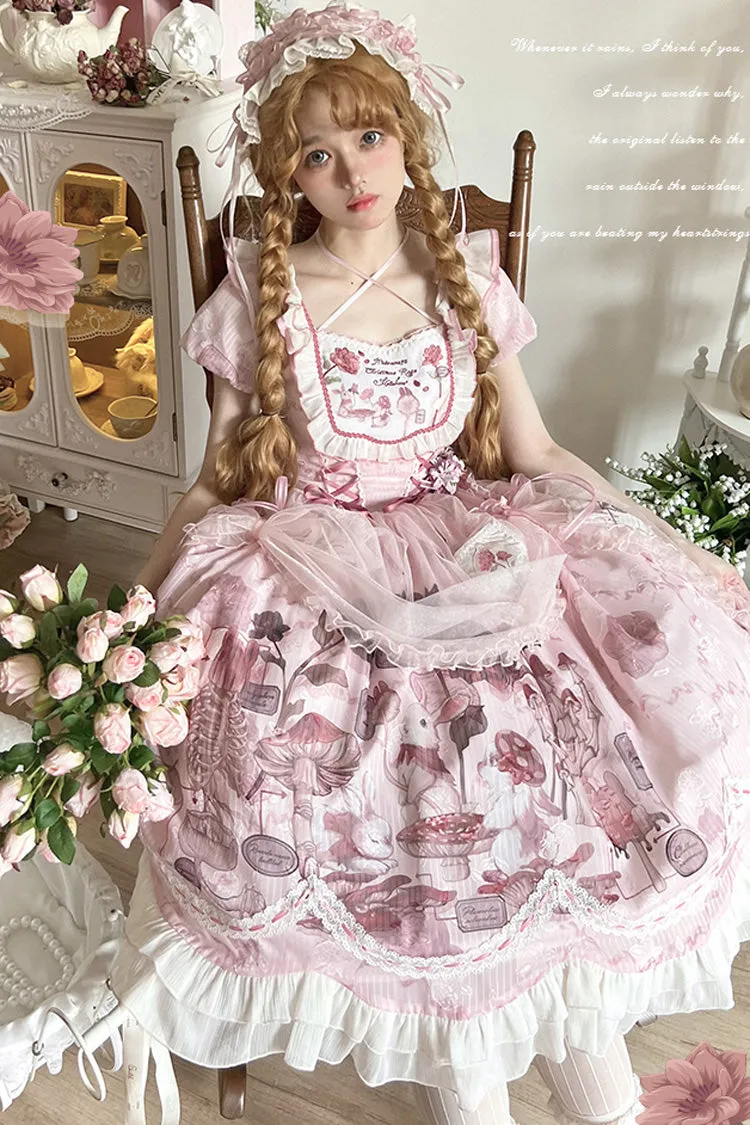 Pink Rabbit Print Square Collar Short Sleeves Ruffle Bowknot Lace Sweet Lolita Dress