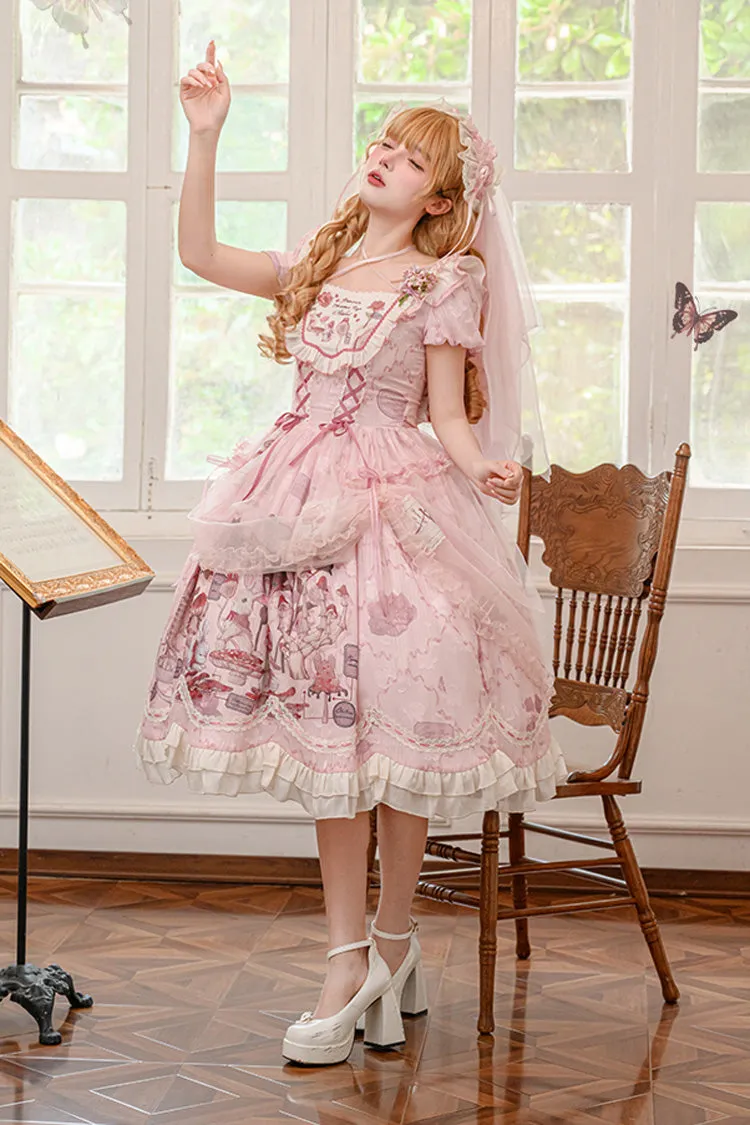 Pink Rabbit Print Square Collar Short Sleeves Ruffle Bowknot Lace Sweet Lolita Dress