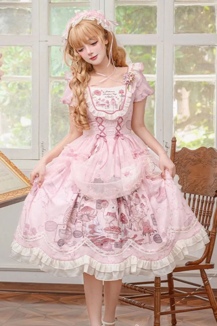 Pink Rabbit Print Square Collar Short Sleeves Ruffle Bowknot Lace Sweet Lolita Dress