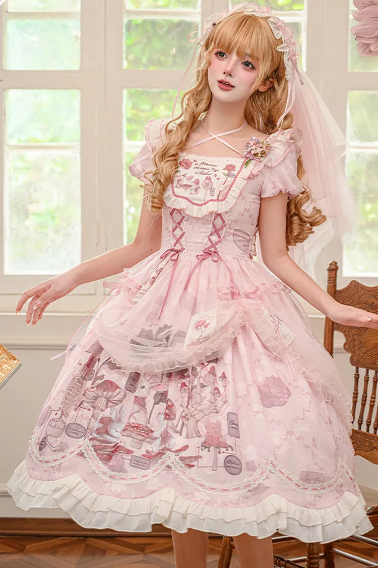 Pink Rabbit Print Square Collar Short Sleeves Ruffle Bowknot Lace Sweet Lolita Dress