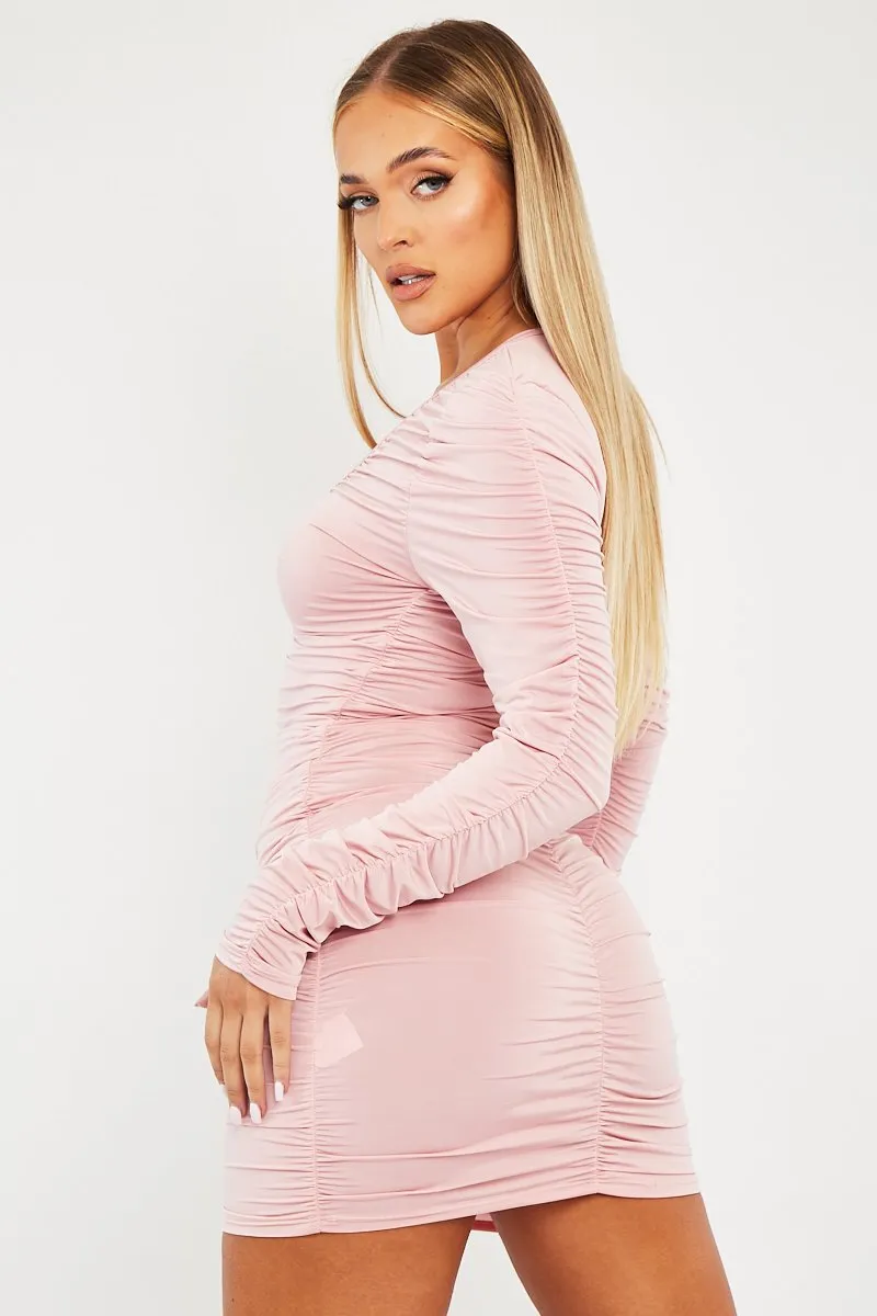 Pink Ruched Detail Slinky Mini Dress - Demmi