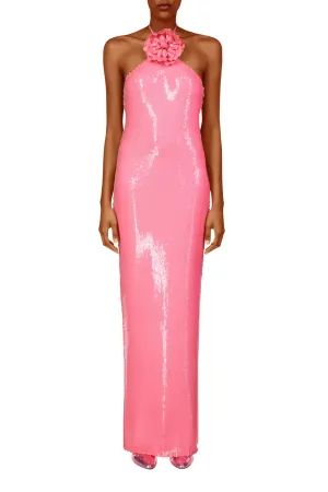 Pink Sequin Halter Gown With Flower Detail