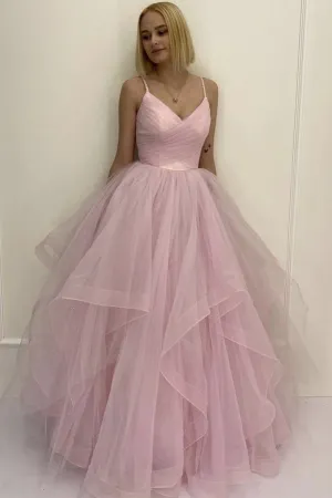 Pink Tulle V Neck Fluffy Long Prom Dress, V Neck Pink Formal Evening Dress, Pink Ball Gown