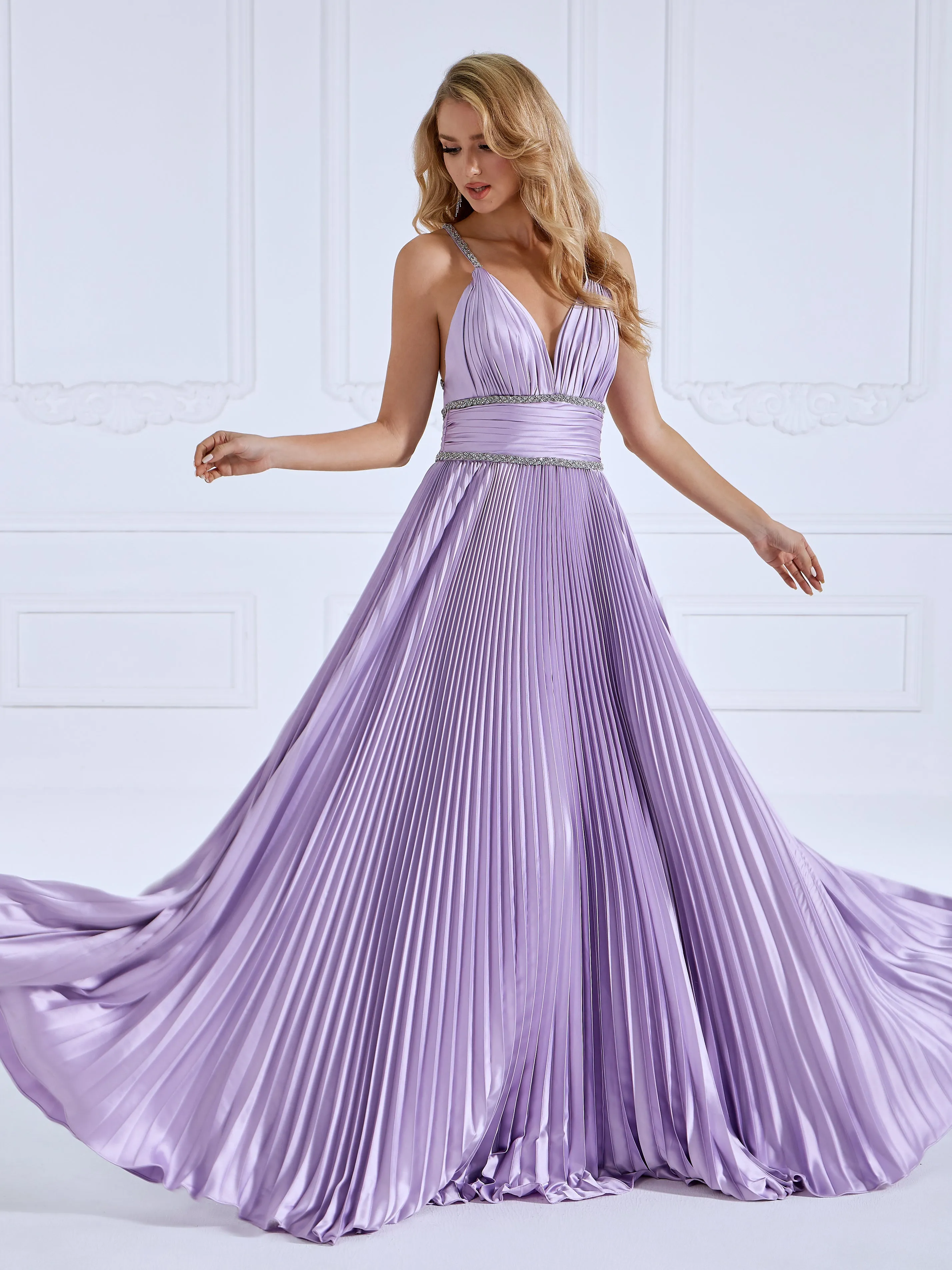 Pleated Criss Cross Straps Pupple Long Prom Dress #LT4176