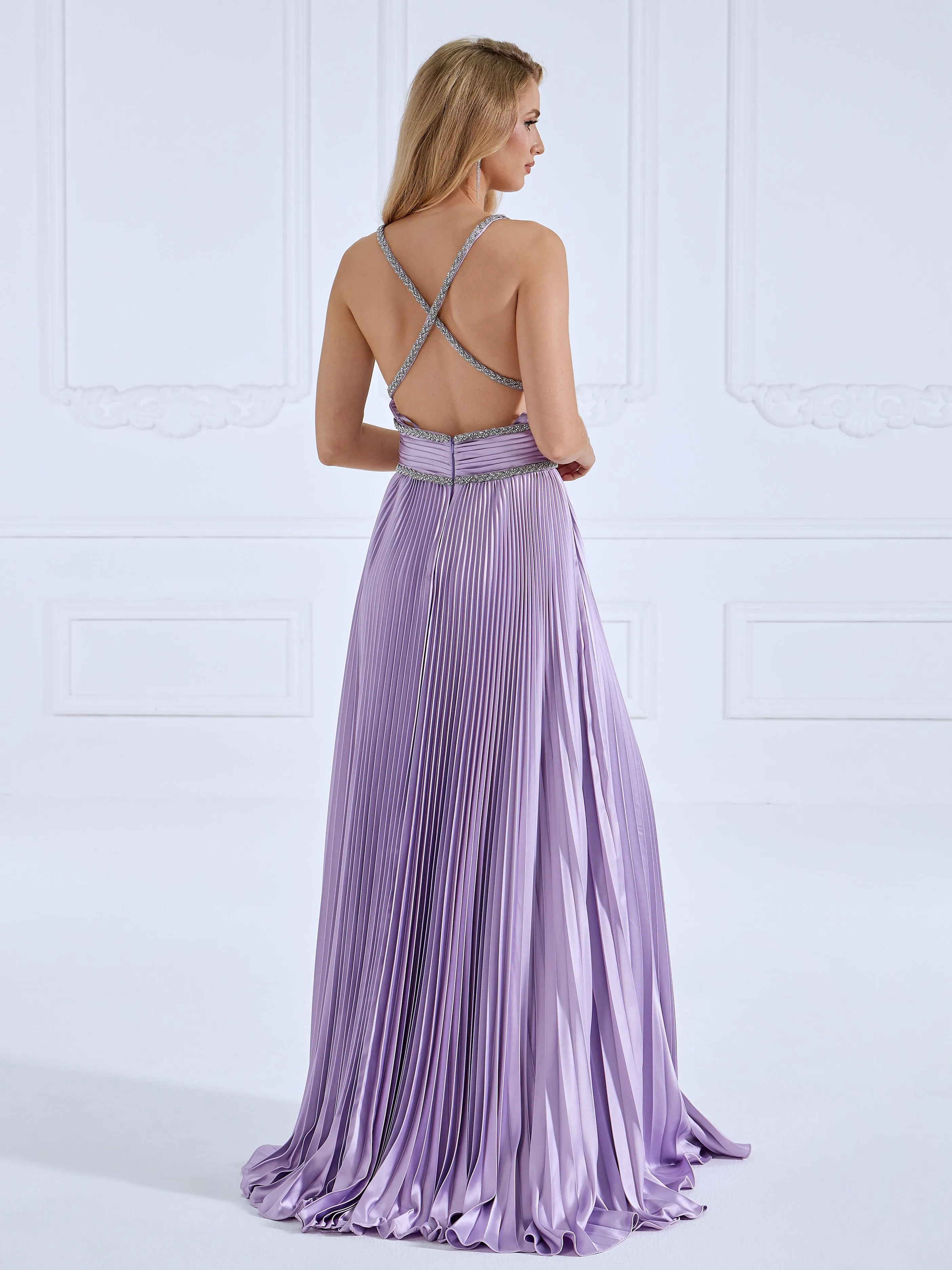 Pleated Criss Cross Straps Pupple Long Prom Dress #LT4176