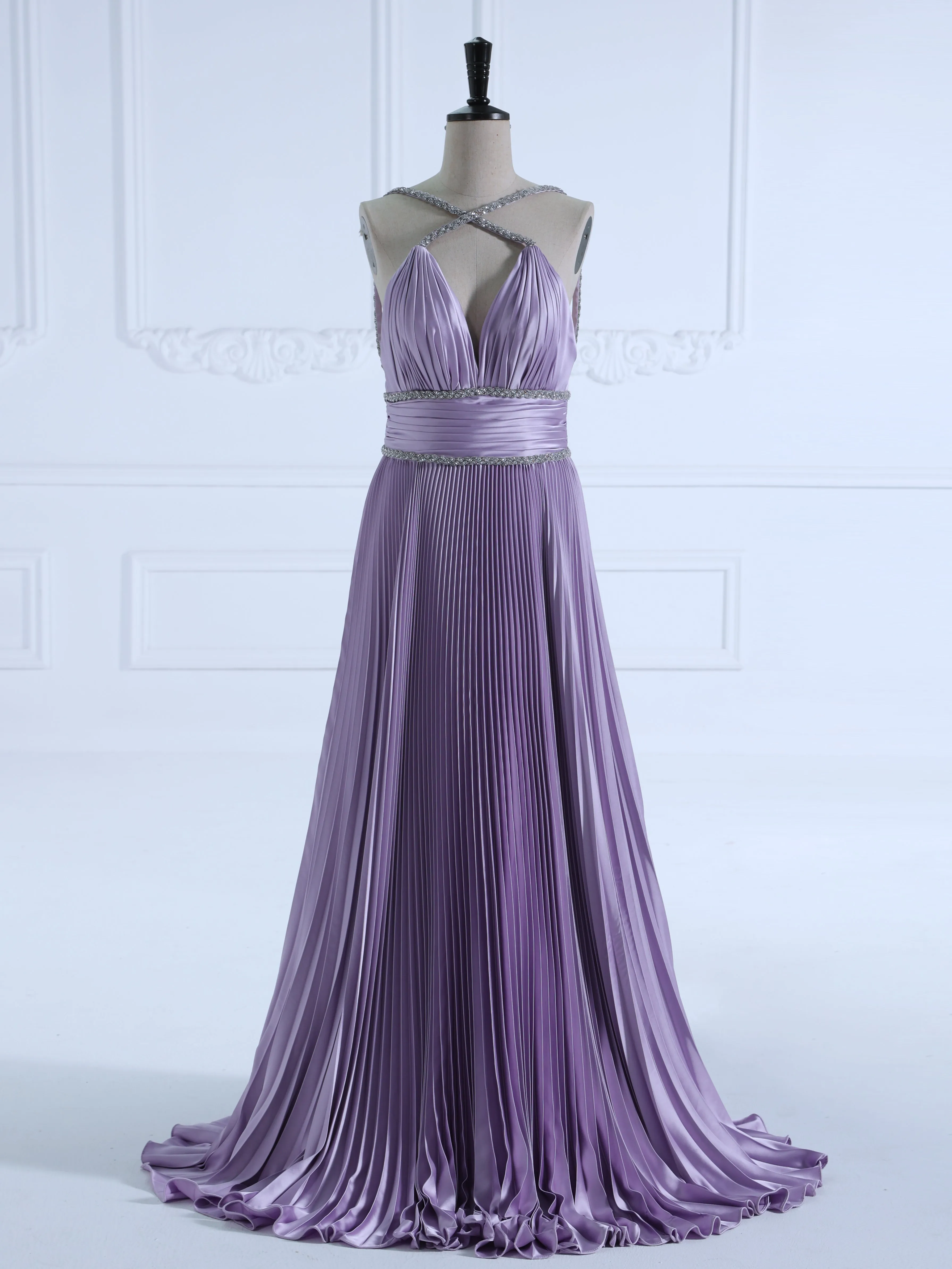 Pleated Criss Cross Straps Pupple Long Prom Dress #LT4176