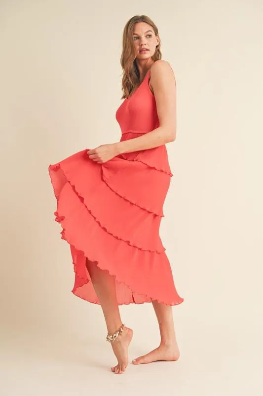 Pleated Layered Orange Red Midi Dress