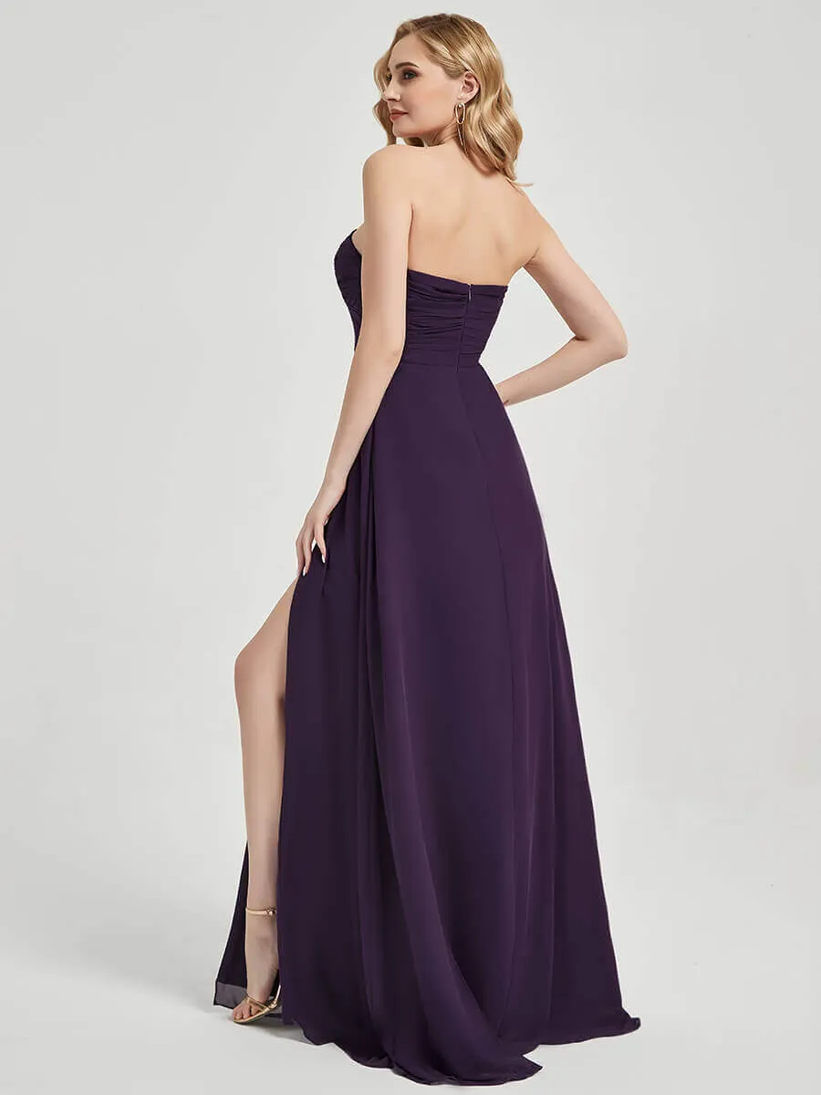 Plum Sweetheart Neck Floor-Length Chiffon Bridesmaid Dress with Slit