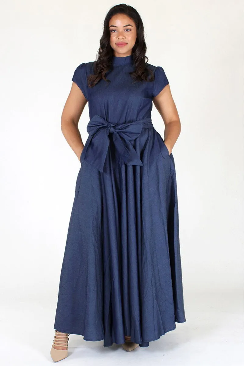 Plus Size Elegant Mock Neck Ribbon Maxi Dress [PRE-ORDER]