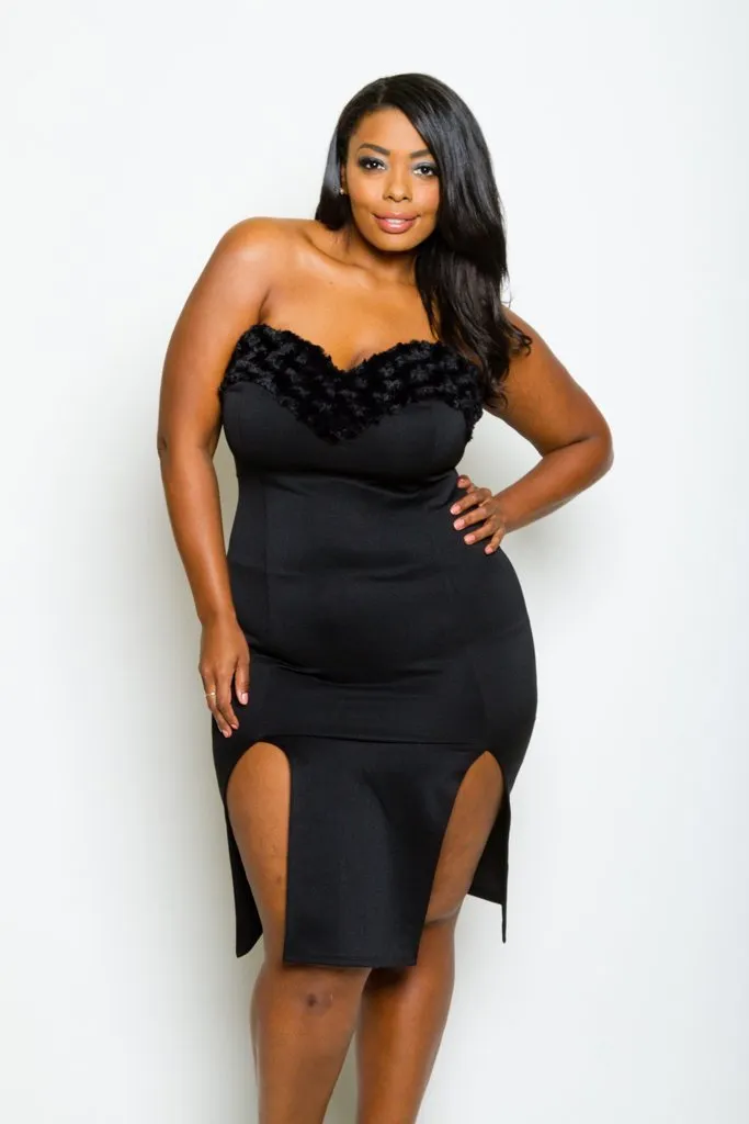 Plus Size Fur Trim Lovable Sweetheart Dress