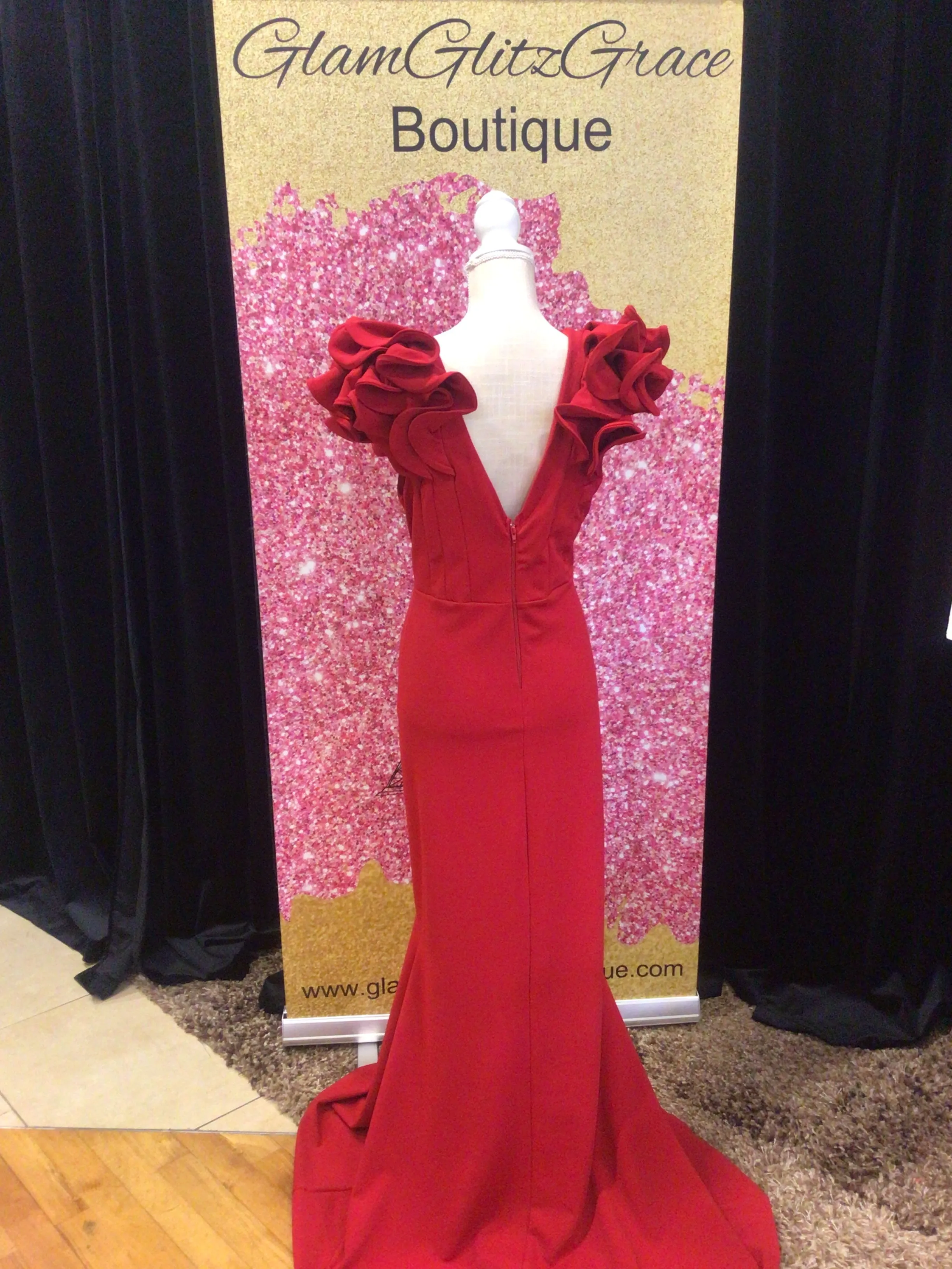 Plus Size Long Red V-Neck Ruffles On Shoulder Dress