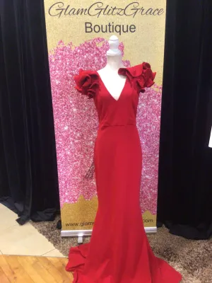 Plus Size Long Red V-Neck Ruffles On Shoulder Dress