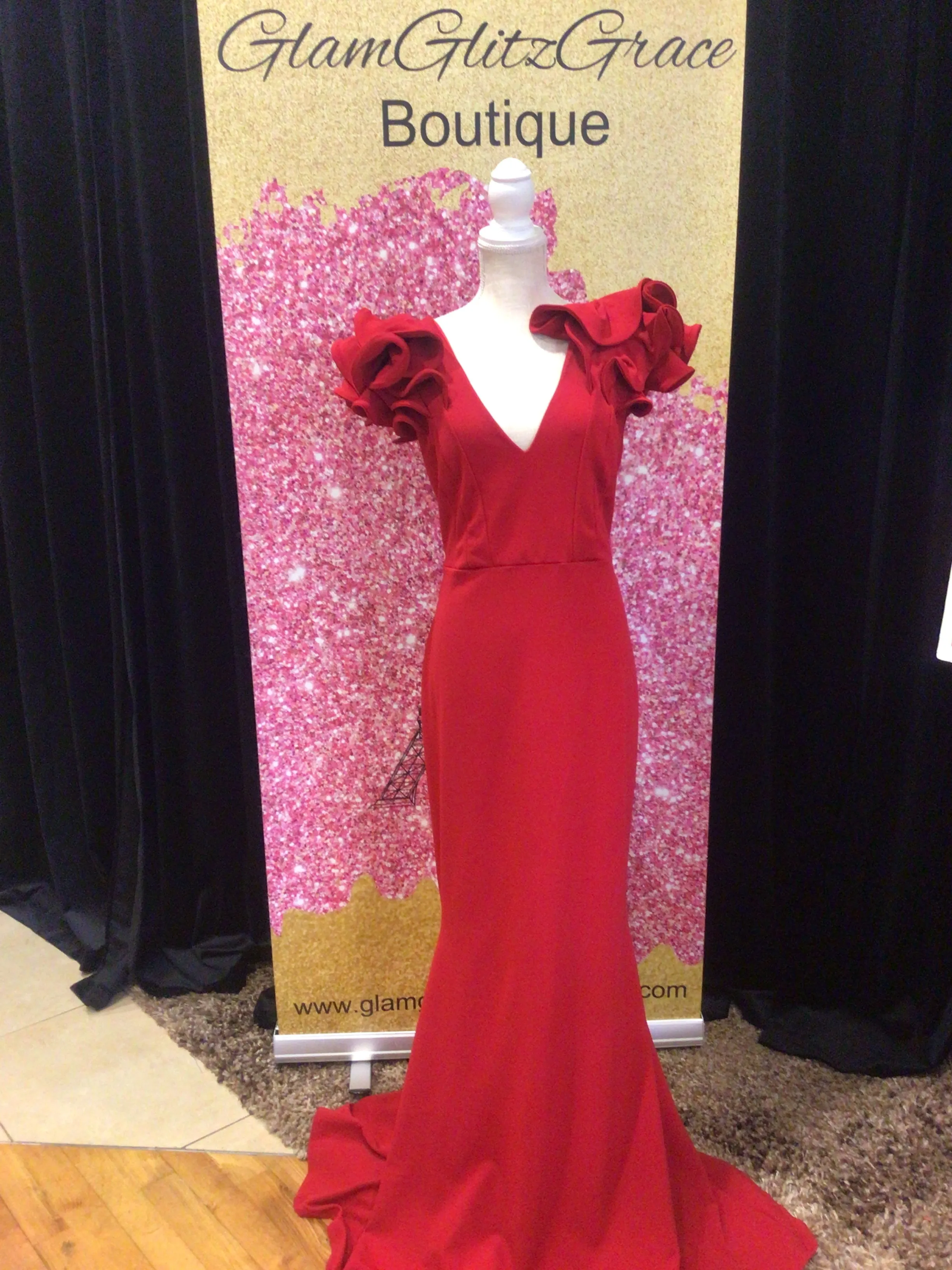 Plus Size Long Red V-Neck Ruffles On Shoulder Dress