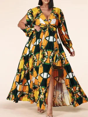 PLUS SIZE LONG SLEEVE V-NECK PLEATED MULTI PRINT MAXI DRESS