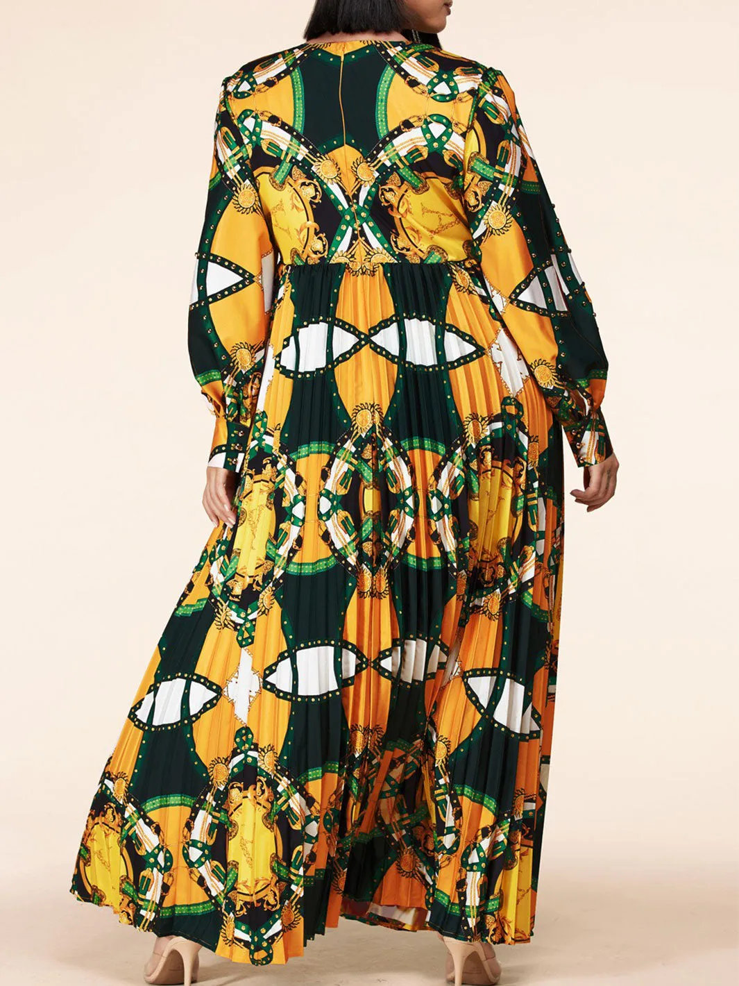 PLUS SIZE LONG SLEEVE V-NECK PLEATED MULTI PRINT MAXI DRESS