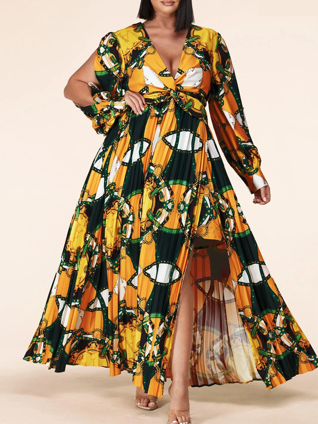 PLUS SIZE LONG SLEEVE V-NECK PLEATED MULTI PRINT MAXI DRESS
