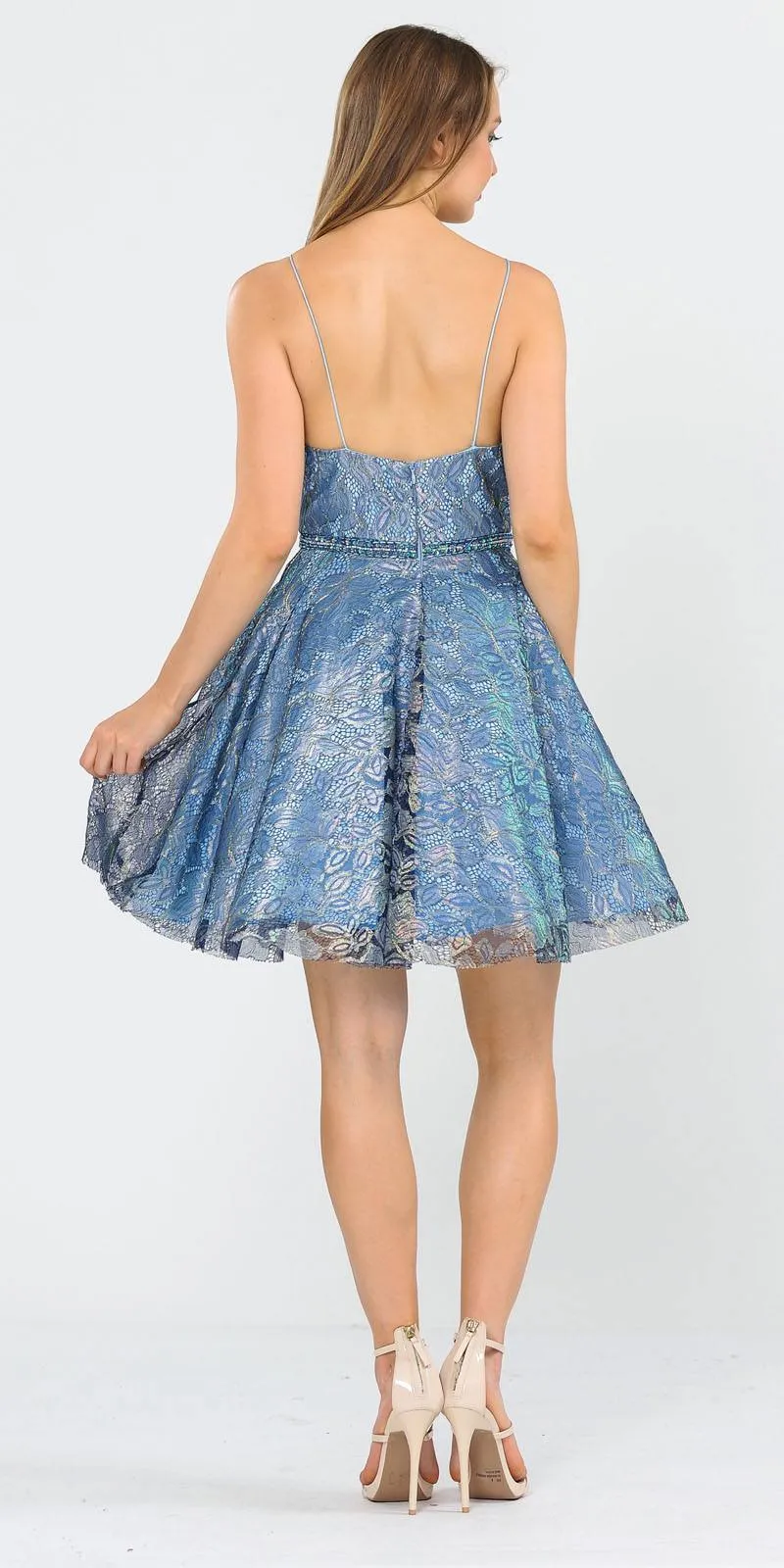 Poly USA 8410 Metallic Lace Halter Homecoming Short Dress