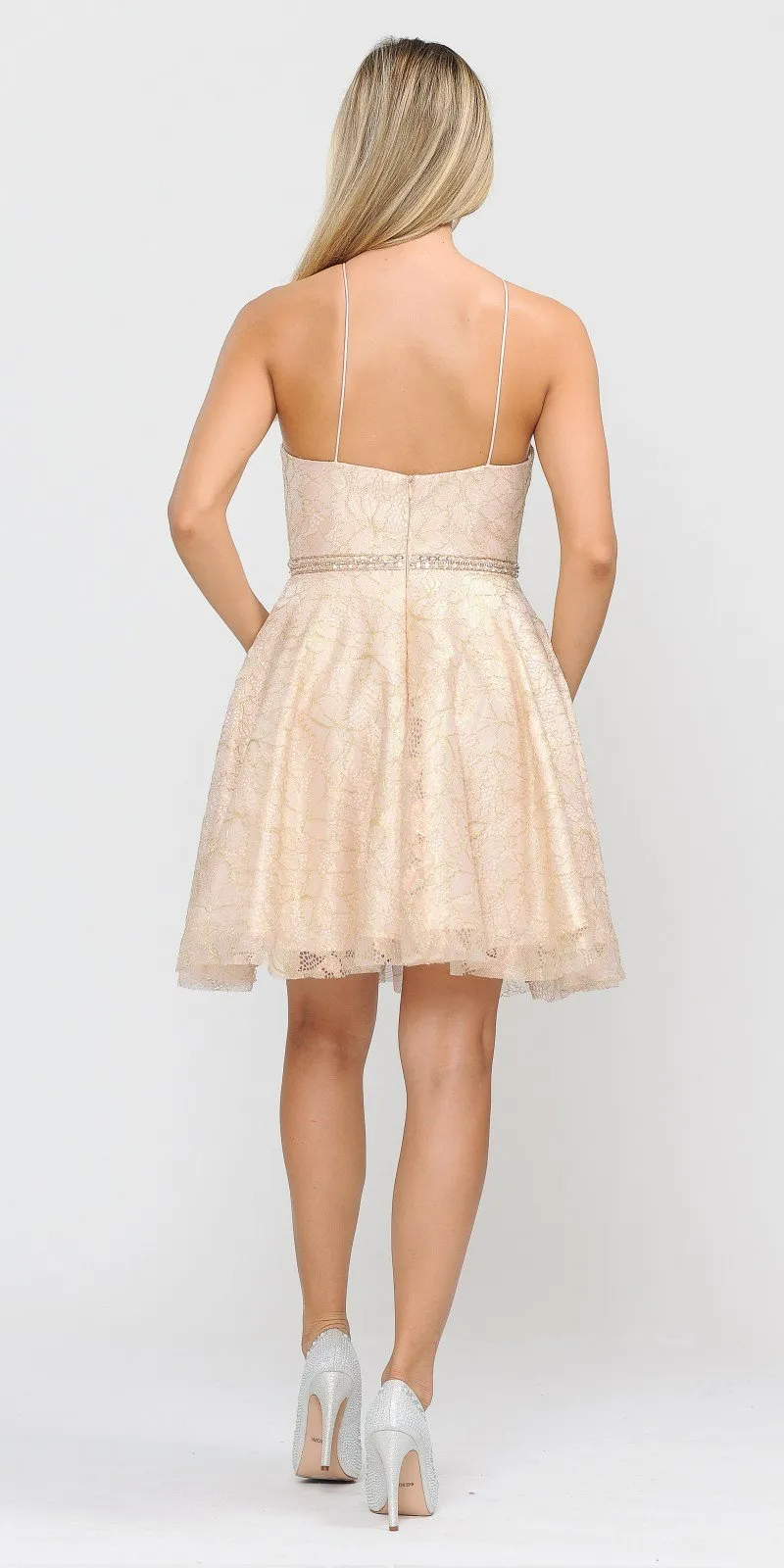 Poly USA 8410 Metallic Lace Halter Homecoming Short Dress