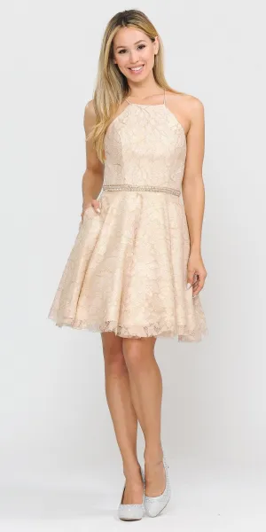 Poly USA 8410 Metallic Lace Halter Homecoming Short Dress