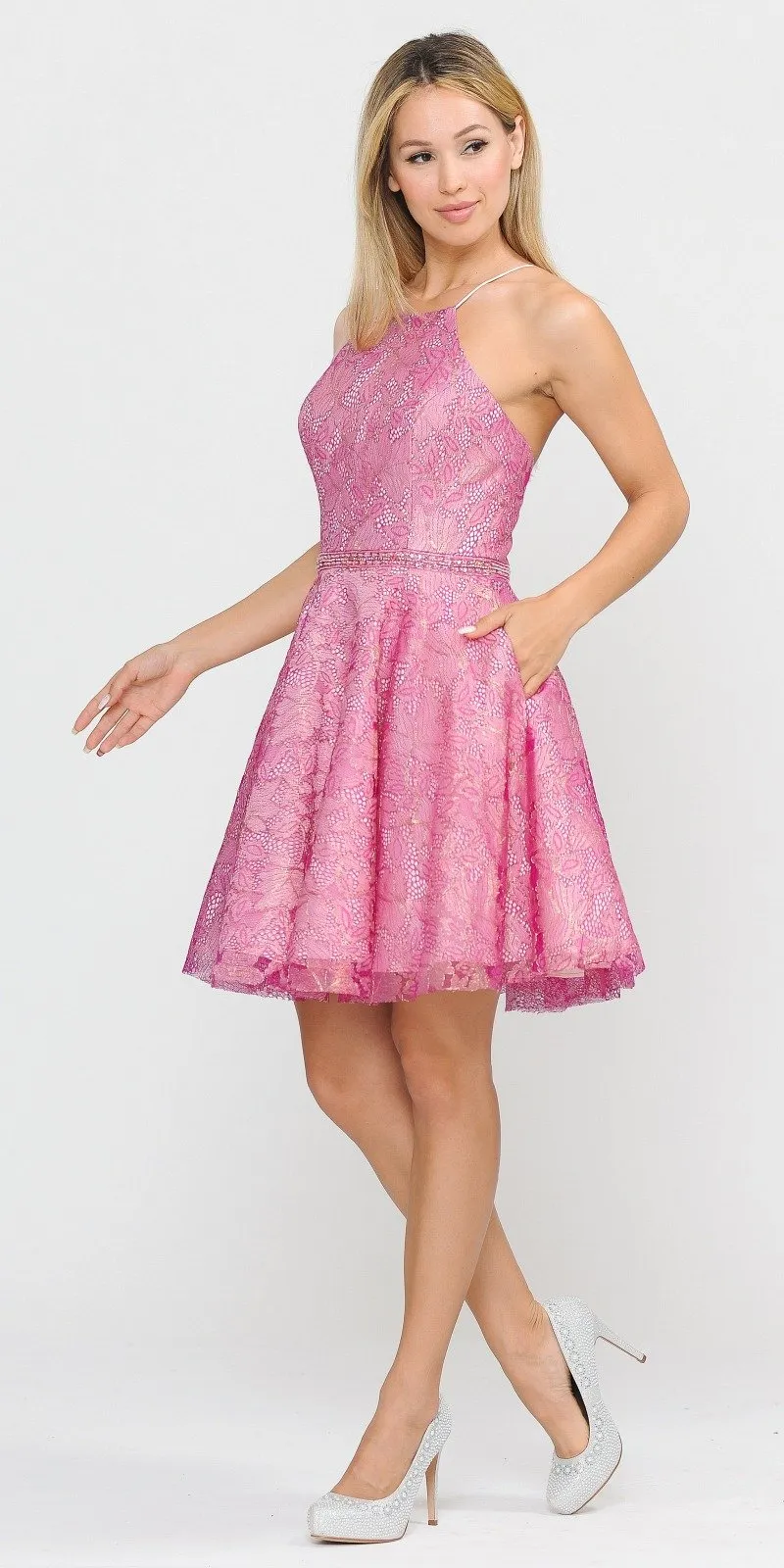 Poly USA 8410 Metallic Lace Halter Homecoming Short Dress