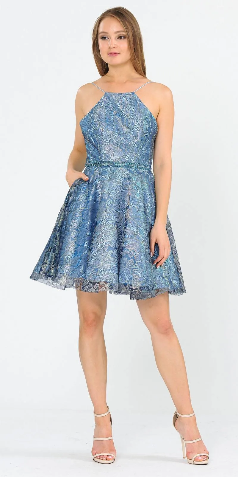 Poly USA 8410 Metallic Lace Halter Homecoming Short Dress