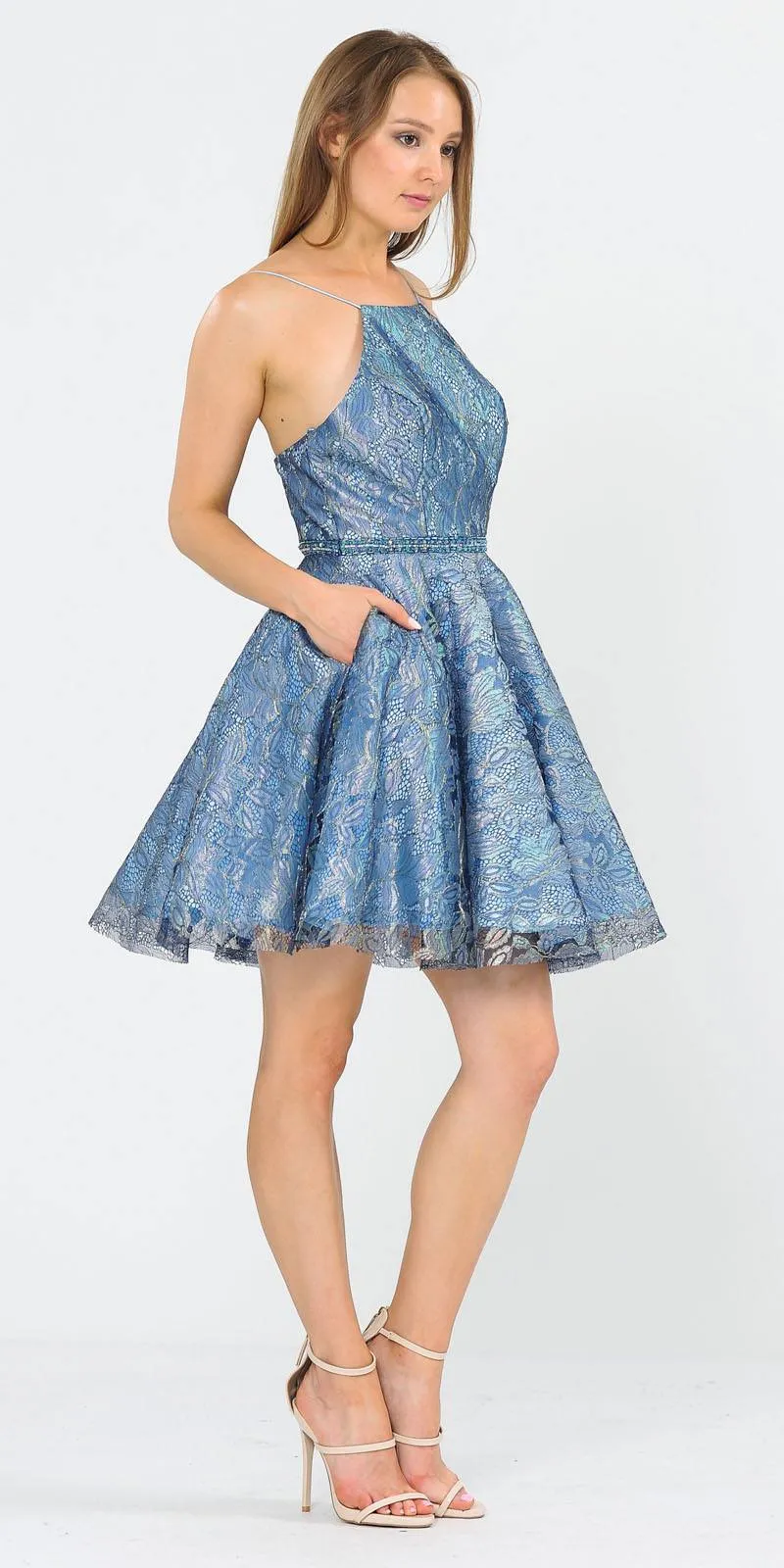 Poly USA 8410 Metallic Lace Halter Homecoming Short Dress