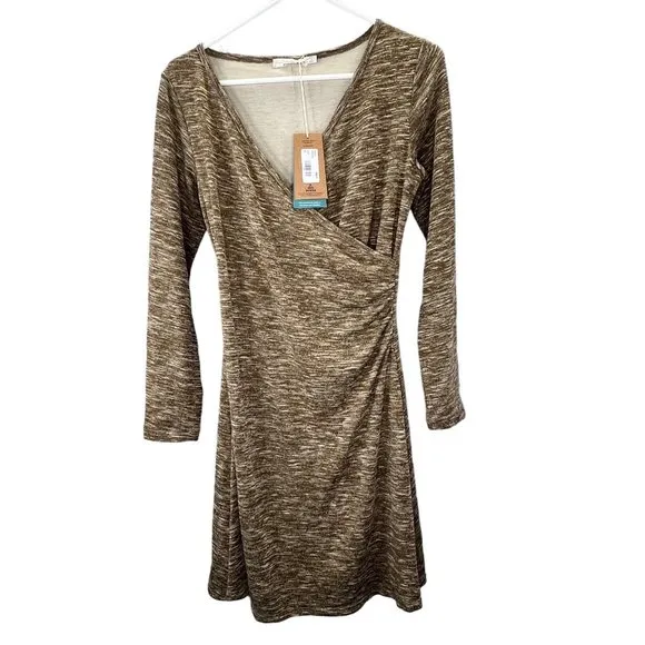 Prana Nadia Faux Wrap Dress size S Cocoa Brown Long Sleeve Surplice Lined NWT