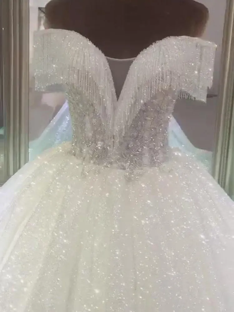 Pretty Sequin Shiny Ball Gown Modest Long Wedding Dresses Bridal Gowns