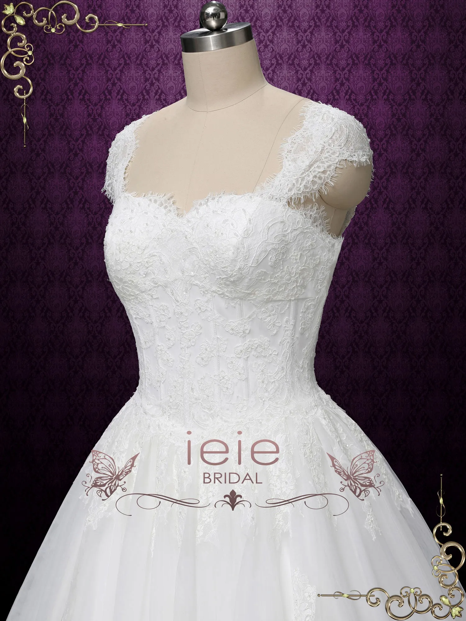 Princess Ball Gown Lace Wedding Dress with Cap Sleeves SALINA