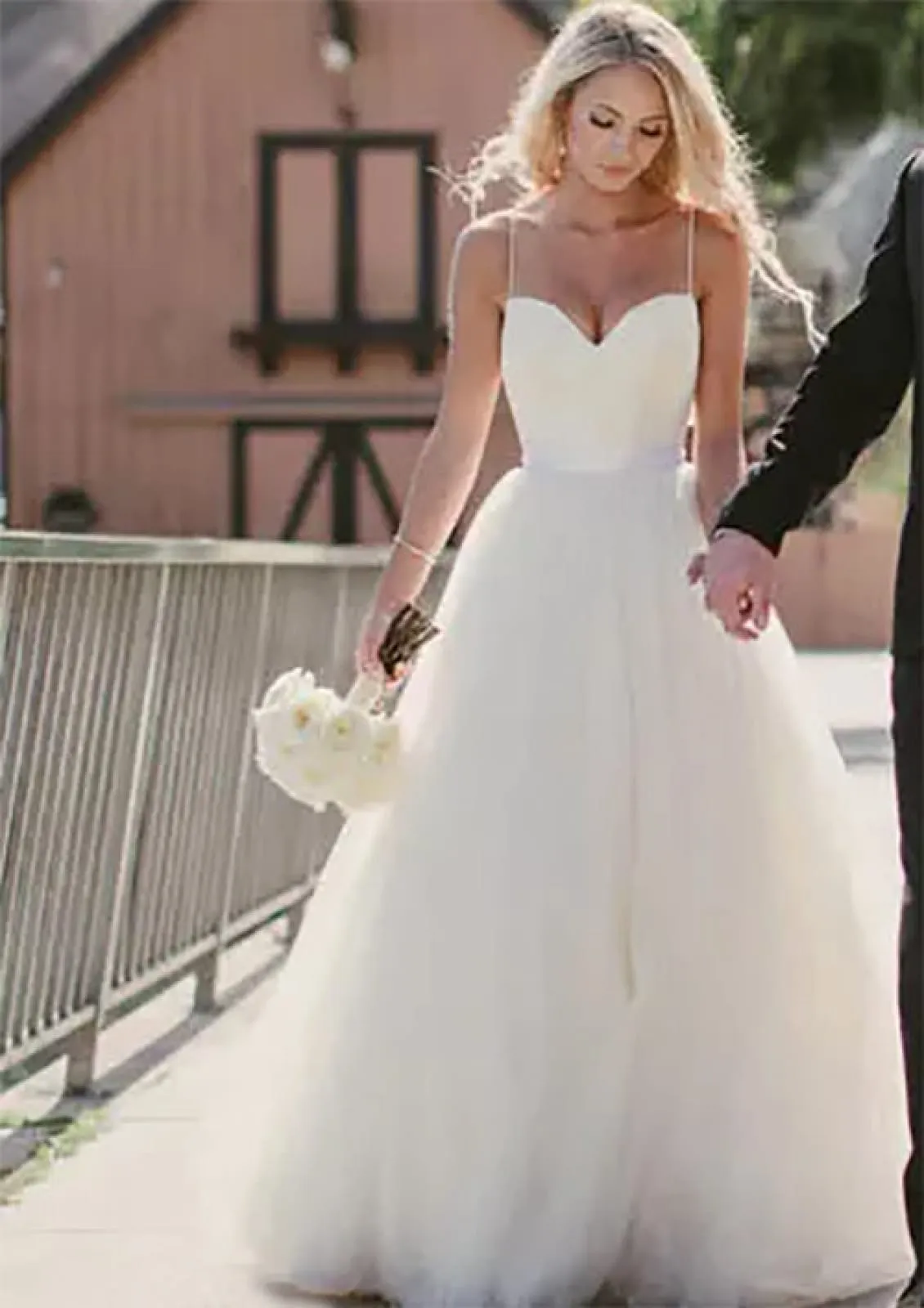 Princess Strap Sweetheart Sleeveless Sweep Tulle Wedding Dress, Sash