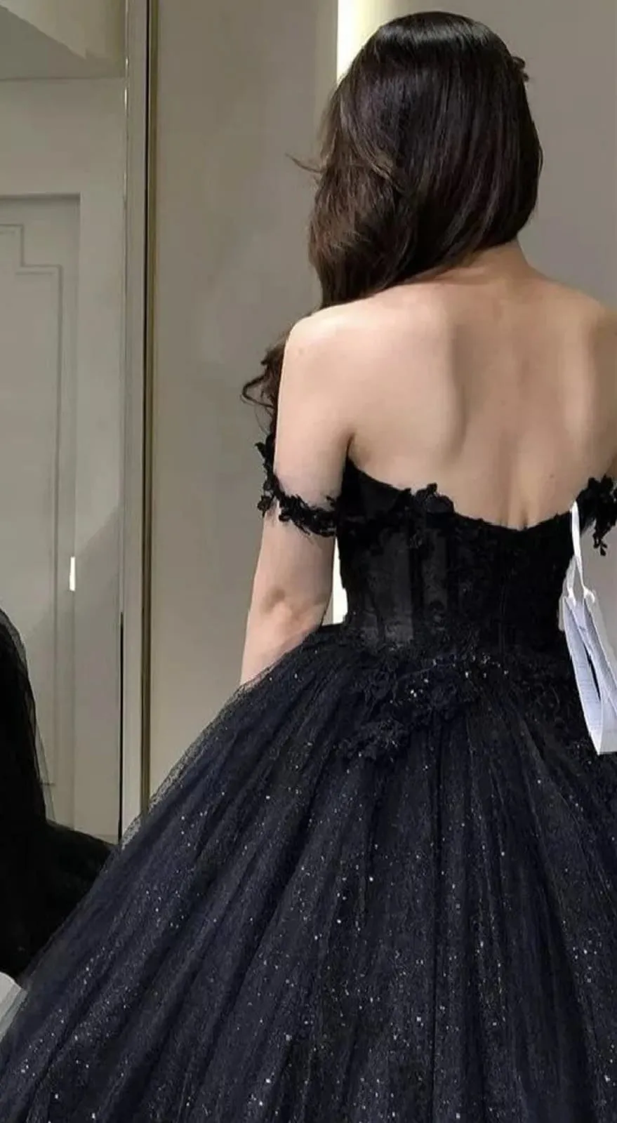 Princess Sweetheart Off Shoulder Glitter Black Tulle Wedding Dress