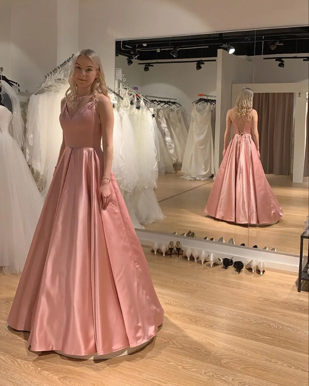 Princess V Neck Pink Satin Long Prom Dress, V Neck Pink Formal Graduation Evening Dress