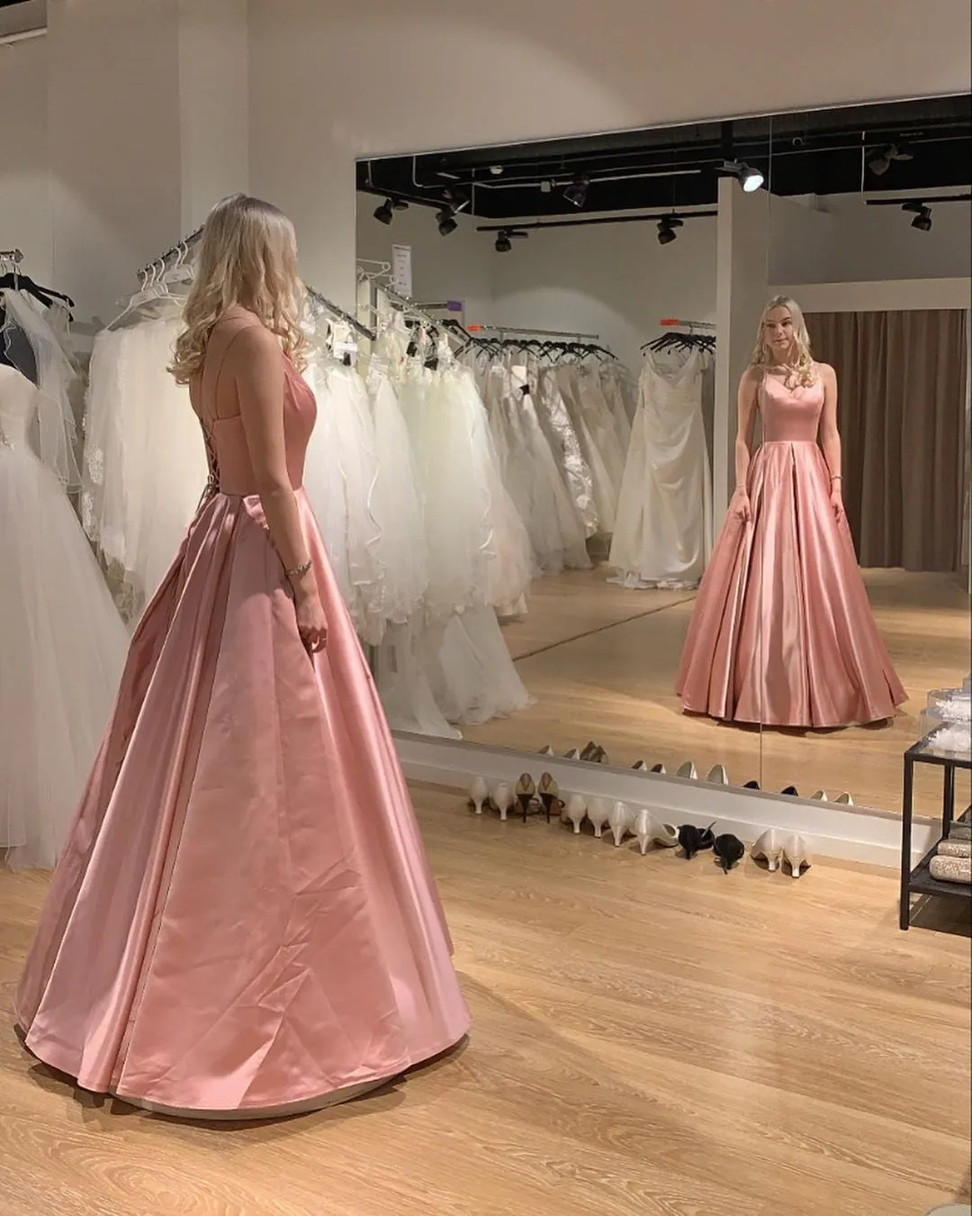 Princess V Neck Pink Satin Long Prom Dress, V Neck Pink Formal Graduation Evening Dress