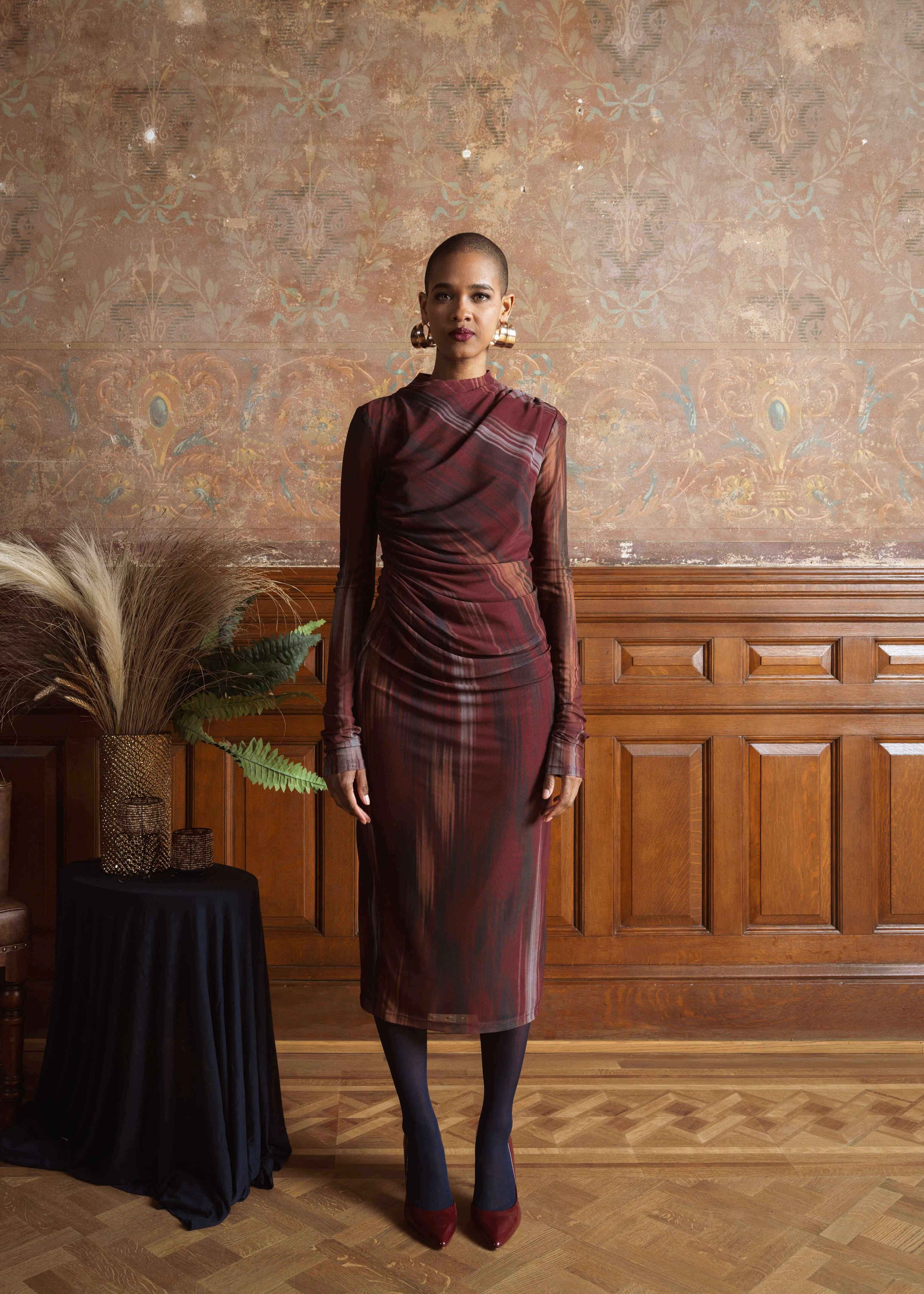 Printed Mesh Ruched Dress