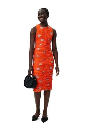 Printed Mesh Ruched Midi Dress