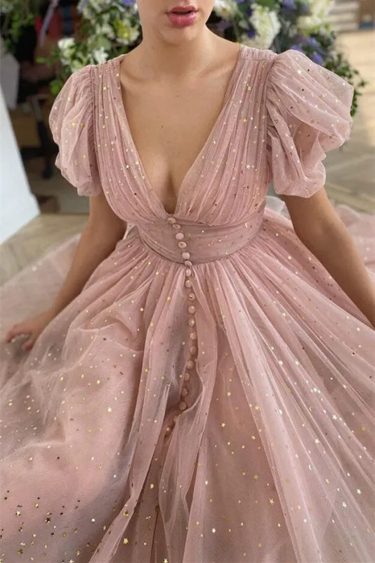 Radiant Rose Gold Sequin Embellished V-Neck Prom Gown