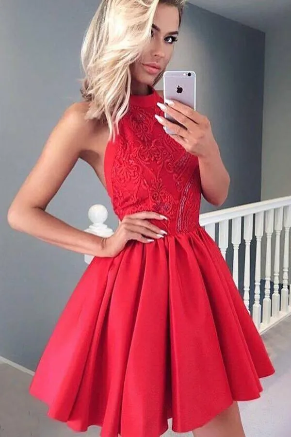 Red Halter Open Back Appliques Short Prom Dress, Homecoming Dresses MH297