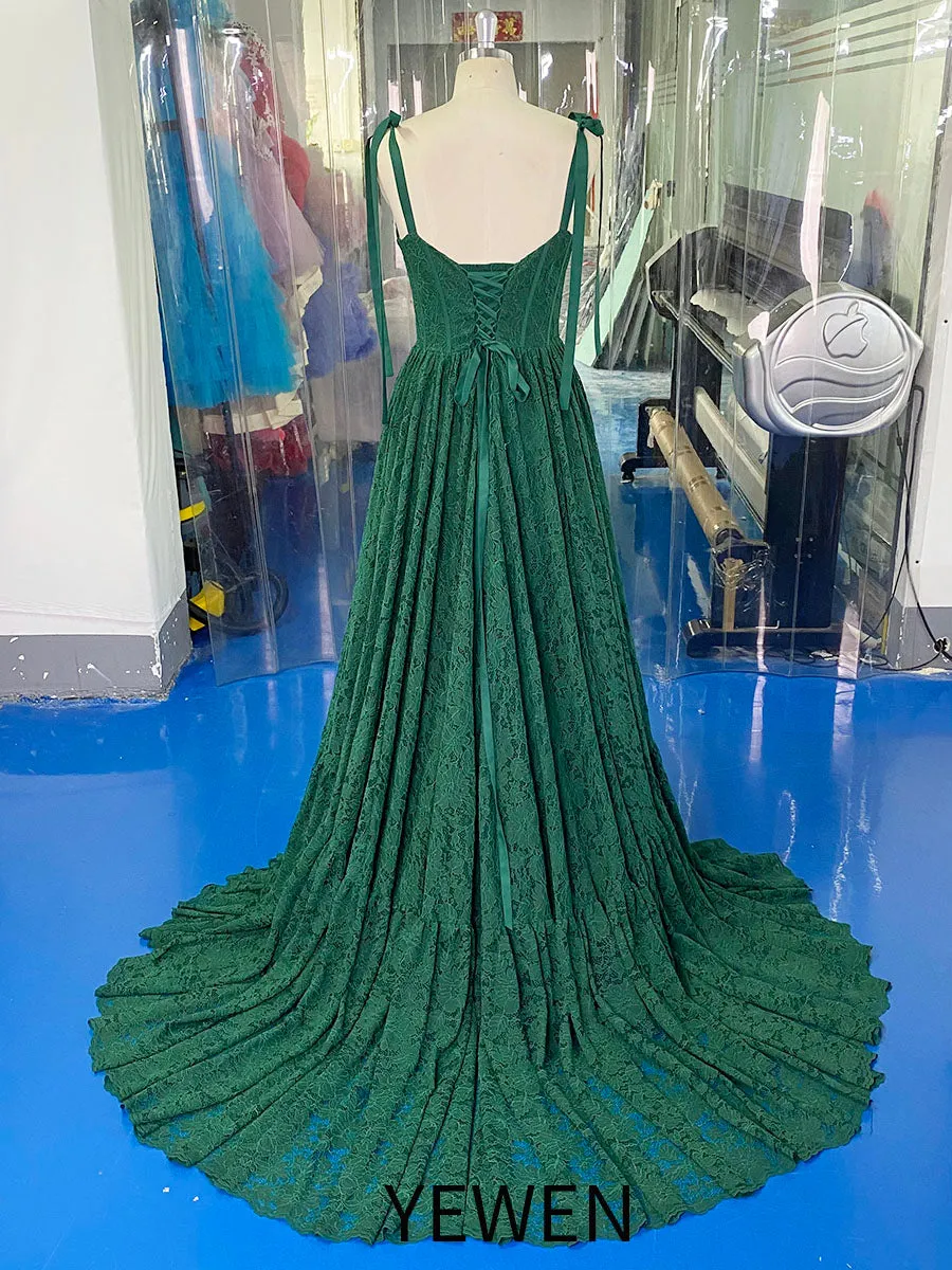 Red Lace Corset Dress Long Bridal Dress Green Colors of Wedding Dresses YW231077