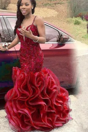 Red Lace Mermaid Style Prom Gown Ruffles Skirt vestido de fiesta de graduación