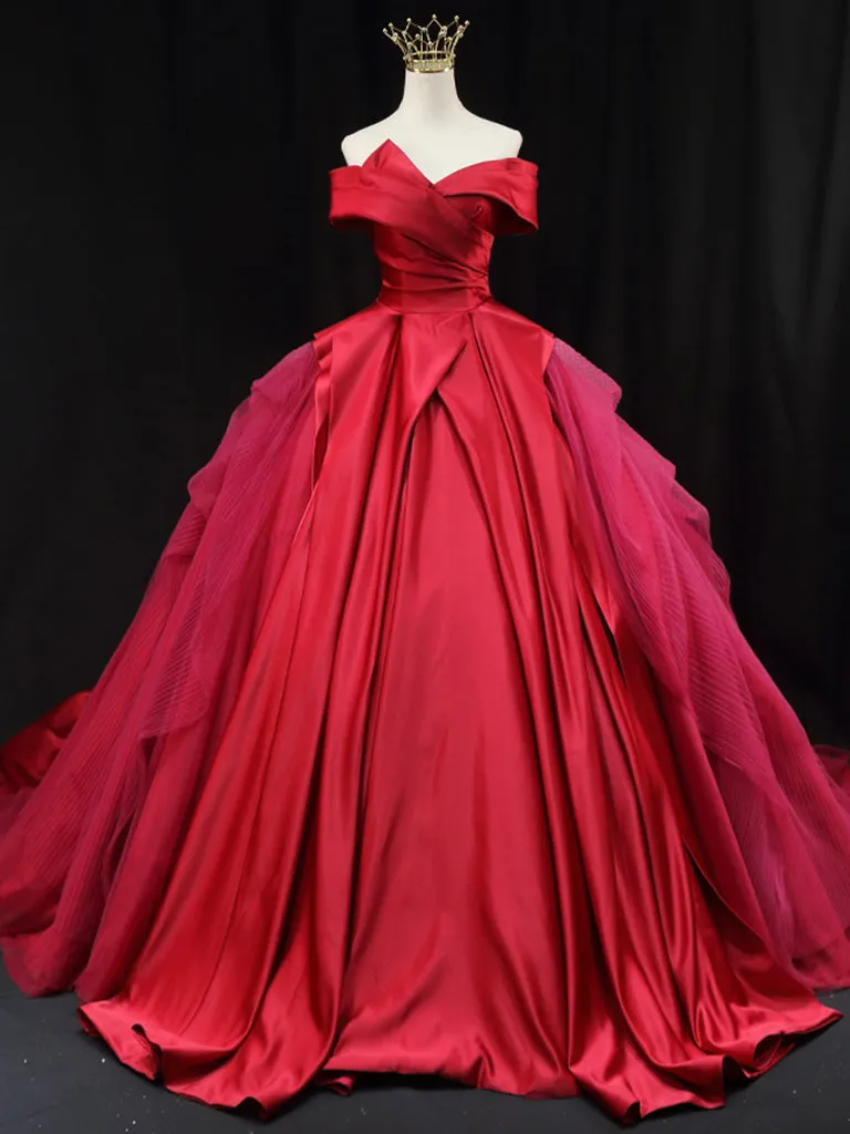 Red Off Shoulder Satin Tulle Long Prom Gown, Red Long Evening Gown