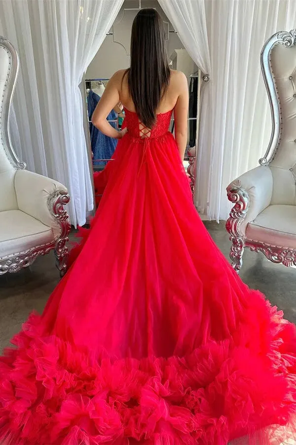 Red Tulle A-line Sweetheart Prom Dresses With Ruffles, Party Dresses, MP919