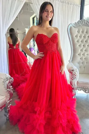 Red Tulle A-line Sweetheart Prom Dresses With Ruffles, Party Dresses, MP919