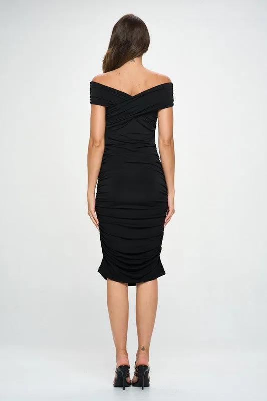 Renee C. Solid Off Shoulder Midi Bodycon Dress with Ruched