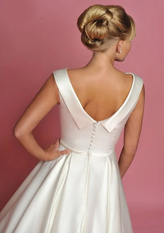 Retro Tea Length Satin Wedding Dress with Collar