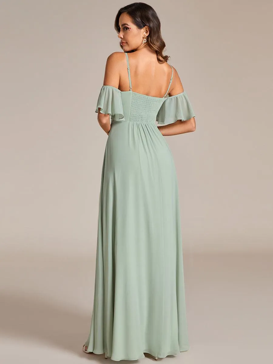 Robe de demoiselle d'honneur trapèze en mousseline de soie avec bretelles spaghetti et nœud