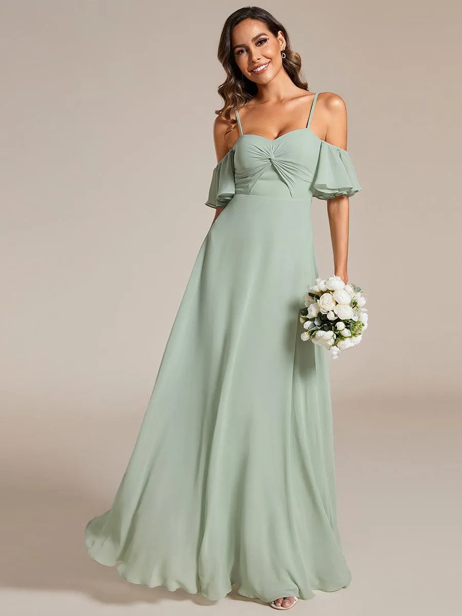 Robe de demoiselle d'honneur trapèze en mousseline de soie avec bretelles spaghetti et nœud