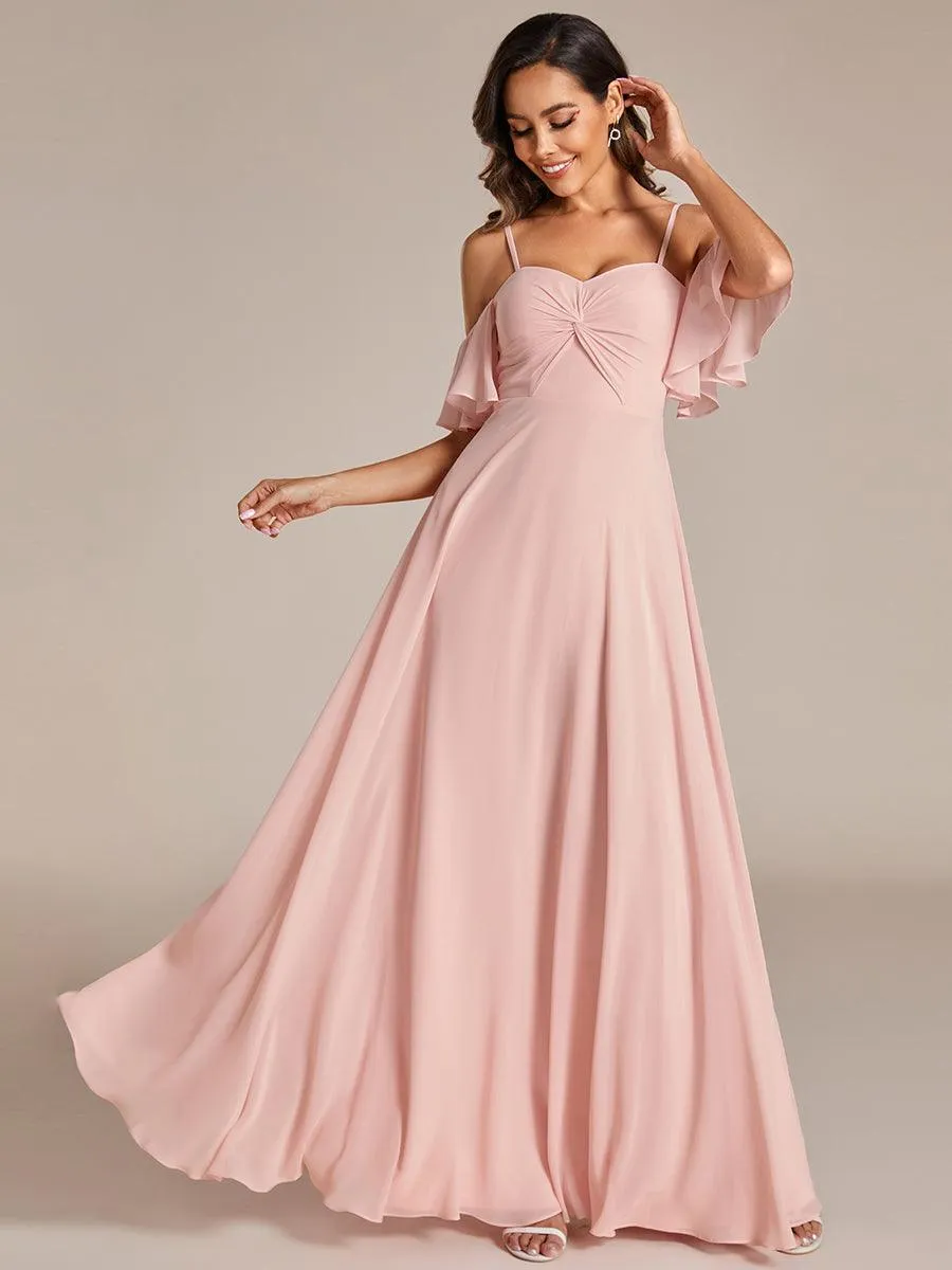 Robe de demoiselle d'honneur trapèze en mousseline de soie avec bretelles spaghetti et nœud