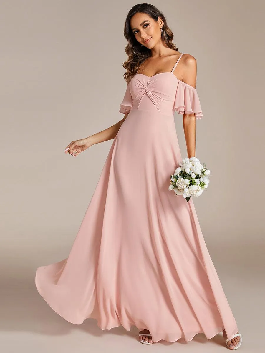 Robe de demoiselle d'honneur trapèze en mousseline de soie avec bretelles spaghetti et nœud